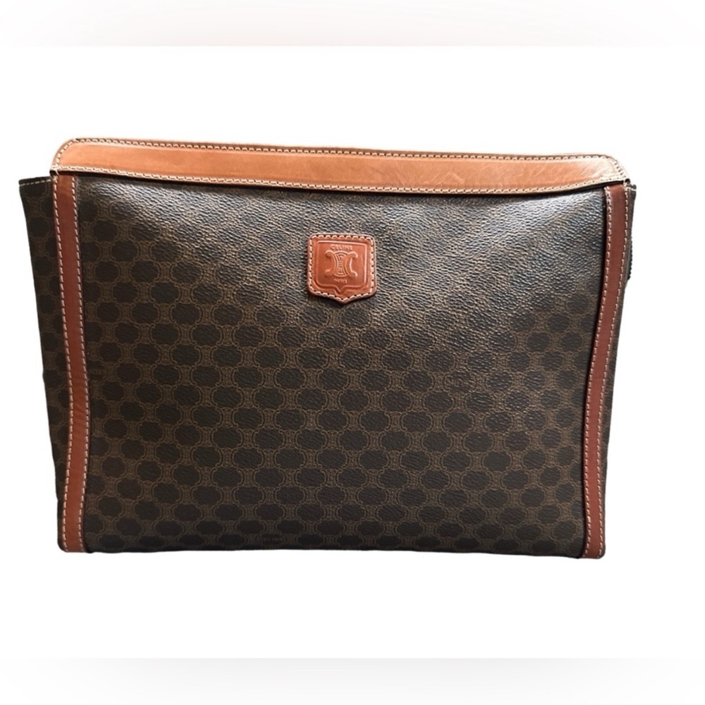 Celine Brown Monogram Canvas Clutch with Tan Trim